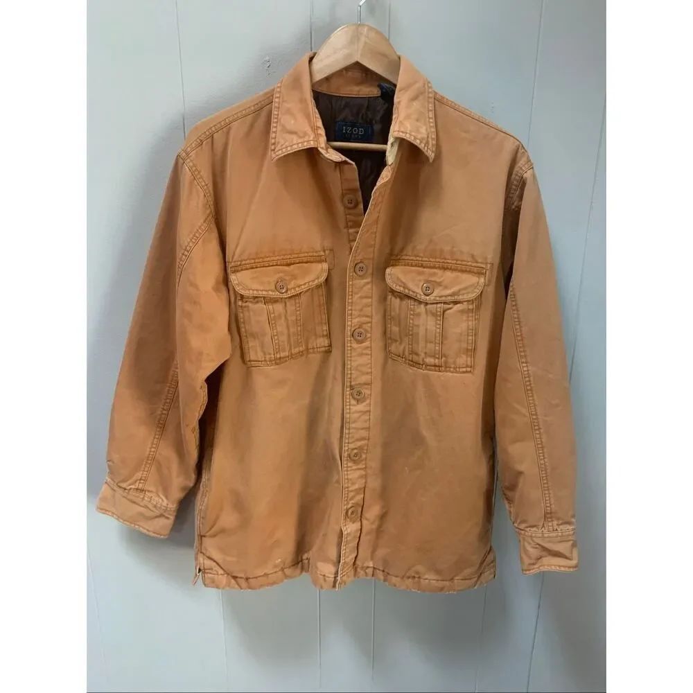 IZOD Mens Brown Button Down Quilted Lining Utility Jacket Medium